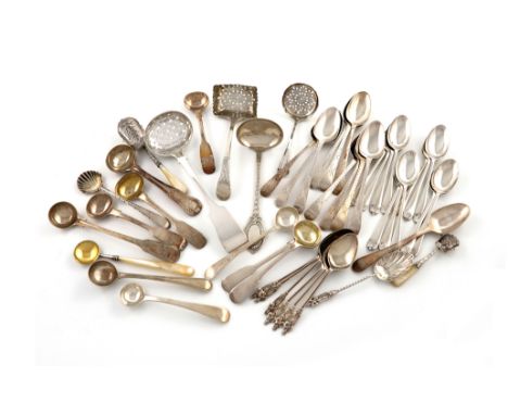 A mixed lot of silver flatware, various dates and makers, including: a George IV Fiddle pattern sifting spoon, by Edward Thom