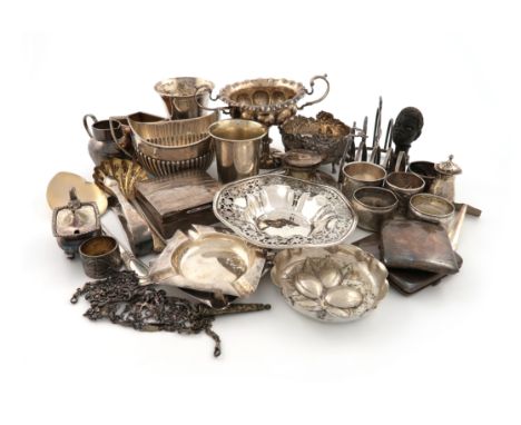 λA mixed lot, comprising silver items, a sugar bowl, London 1906, a lobed two-handled tazza, two toast racks, two ashtrays, a