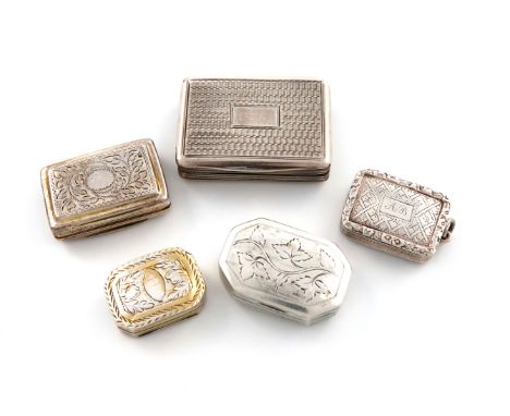 A collection of five antique silver vinaigrettes, various dates and makers, comprising: one by Samuel Clark, Birmingham 1839,