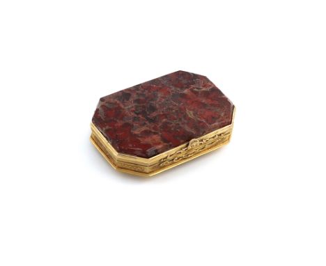 An 18th century gilt-metal mounted and agate snuff box, the cover and based stamped 'F', rectangular form, canted corners, th
