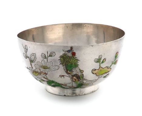 A Chinese silver and enamel bowl, the underside with Chinese characters, circular form, with vari-coloured enamel foliate dec