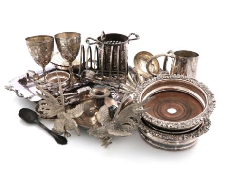 A mixed lot of electroplated item, comprising: a salver, of circular form, chased decoration, two goblets, a pair of wine coa