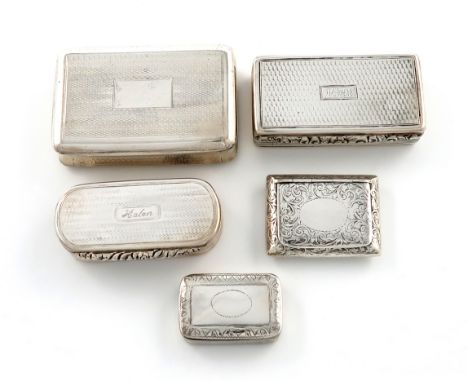 A small collection of five silver snuff boxes, comprising: a George IV box, by John Shaw, Birmingham 1821, rectangular form, 