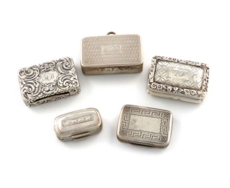 A collection of five antique silver vinaigrettes, various dates and makers, comprising: one by Thomas Shaw, Birmingham 1837, 