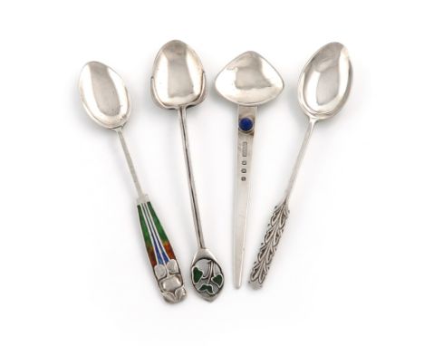 By Liberty and Co, an Edwardian Art Nouveau silver and enamel teaspoon, Birmingham 1903, the tapering handle with stylised de