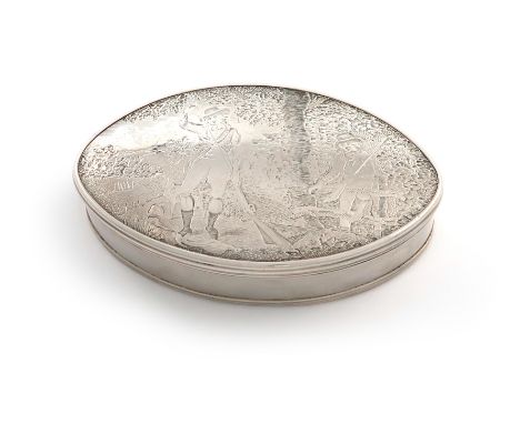 A George III silver snuff box, by Peter and Ann Bateman, London 1794, oval navette form, the pull-off cover engraved with a r