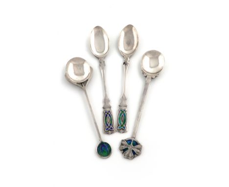 By W. H. Haseler, four Edwardian Art Nouveau silver and enamel teaspoons, Birmingham 1904-1908, the terminals with blue / gre