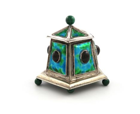 An Arts and Crafts silver and enamel inkwell, in the manner of C .R. Ashbee, circa 1910, tapering pentagon form, with blue/gr