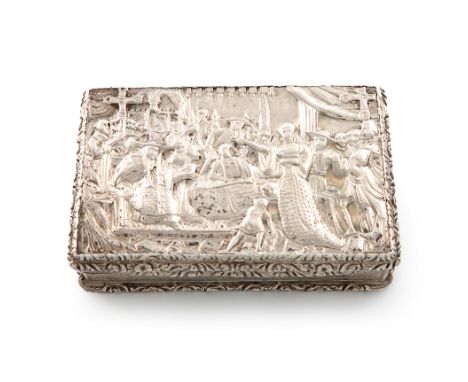 A George IV silver snuff box, by John Bettridge, Birmingham 1828, rectangular form, the hinged cover with a raised scene from