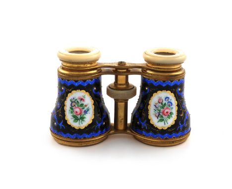 A pair of French gilt metal and enamel opera glasses, marked Verres Superieurs, enamelled with flowers on a black and blue gr