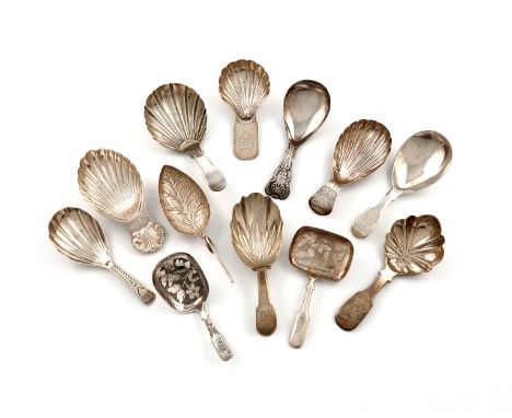 A collection of twelve silver caddy spoons, various dates and makers, comprising: a Fiddle one by W. R Sobey, Exeter 1848,  s