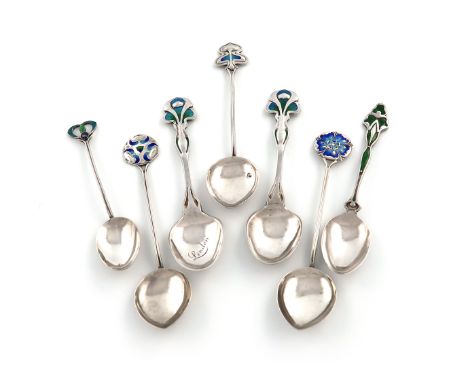 A collection of seven Edwardian Art Nouveau silver and enamel teaspoons, comprising: three by James Fenton, Birmingham 1905-9