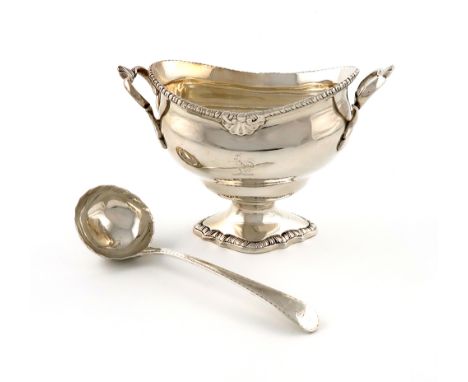 A George III silver two-handled sauce tureen base, maker's mark probably W.B, London 1771, oblong bellied form, gadroon and s