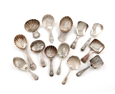 A collection of thirteen silver caddy spoons, various dates and makers, comprising: a King's Husk pattern one, by Eley and Fe