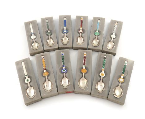 By A. Michelsen, a set of twelve Danish silver and enamel spoons of the month, Paul Rene Gauguin, Copenhagen, numbered 1-12, 