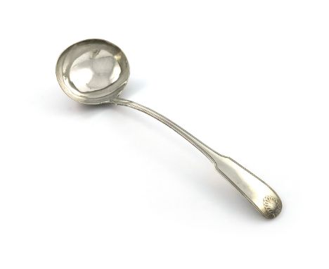 A George IV Irish silver Fiddle, Thread and Shell pattern soup ladle, by Laurence Keary, Dublin 1825, retailed by John Twycro