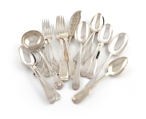 A mixed lot of silver flatware, comprising: a butter knife, by David Reid, Newcastle 1863, engraved decoration, plus two Fidd