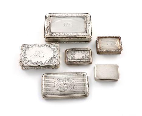 A collection of six antique silver snuff boxes, various dates and makers, including: a William IV one by Thomas Edwards, Lond