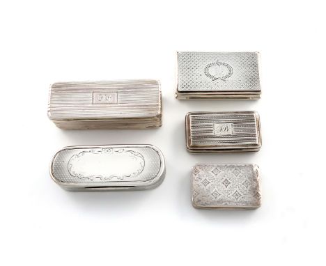 A collection of five antique silver snuff boxes, various dates and makers, including: one by Samuel Pemberton, Birmingham 182