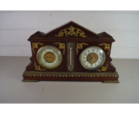 LATE 19TH/EARLY 20TH CENTURY FRENCH MAHOGANY CASED CLOCK, THERMOMETER AND ANEROID BAROMETER COMPENDIUM IN AN ARCHITECTURAL CA