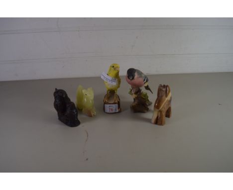 VINTAGE GOEBEL MODEL OF A CANARY TOGETHER WITH POLISHED STONE CAMELS, MODEL BULLFINCH AND RESIN MODEL OWLS