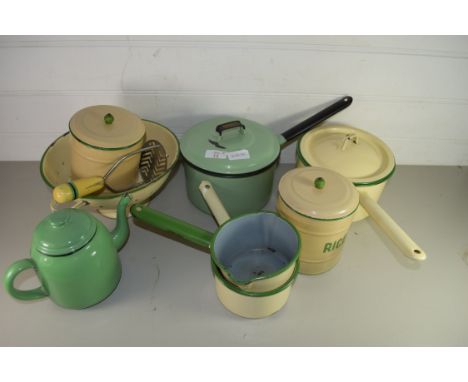COLLECTION OF VINTAGE ENAMEL FINISH SAUCEPANS, COLANDER, STORAGE JARS ETC