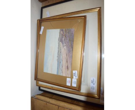 LATE 19TH/EARLY 20TH CENTURY BRITISH SCHOOL, STUDY OF A COASTAL SCENE WITH DISTANT HOUSES, WATERCOLOUR, FRAMED AND GLAZED, 36