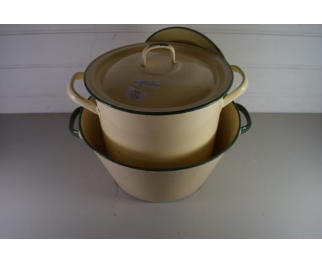 VINTAGE ENAMEL BREAD BIN AND A FURTHER ENAMEL DOUBLE HANDLED CAN