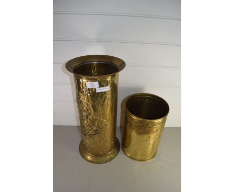 TWO BRASS CYLINDRICAL FORMED VASES OR STICK STANDS