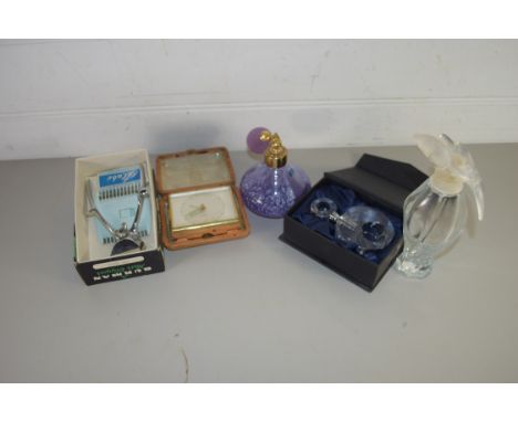 MIXED LOT COMPRISING A CASED TRAVEL CLOCK, CAITHNESS PERFUME ATOMISER PLUS FURTHER PERFUME BOTTLES AND A VINTAGE HAIR CLIPPER