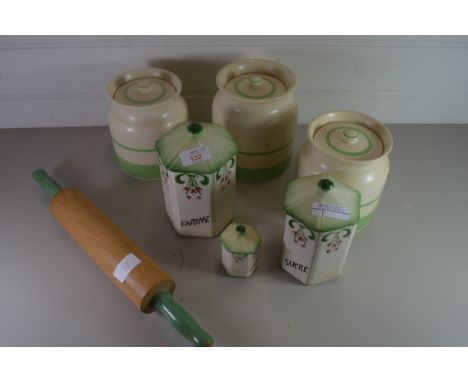 COLLECTION OF VINTAGE KITCHEN STORAGE JARS AND A ROLLING PIN