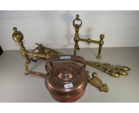 SET OF BRASS FIRE TOOLS AND FIRE DOGS AND A COPPER KETTLE