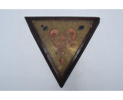 An early 20th century wooden and brass triangular cribbage-style board. 