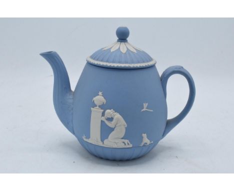 Wedgwood light blue Jasperware teapot with cherub relief decoration. In good condition with no obvious damage or restoration.