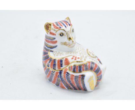 Royal Crown Derby paperweight in the form of a tiger cub. First quality with stopper. In good condition with no obvious damag