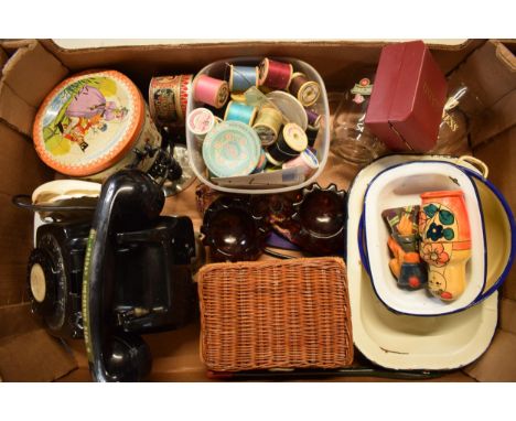 A mixed collection of items to include a Bakelite phone (af), vintage enamel dishes, cotton, fasion watch etc. Condition is m