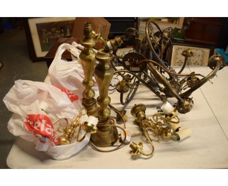 A mixed collection of items to include brass wall sconces, lamp bases, chandelier style items etc. Collection only. 