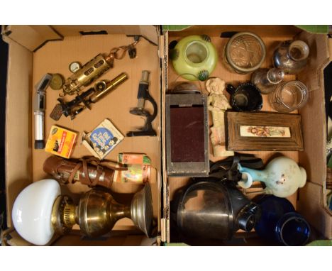 A mixed collection of items to include small microscopes, oil lamp, lantern, glass ware, bisque figures etc (Qty). Collection