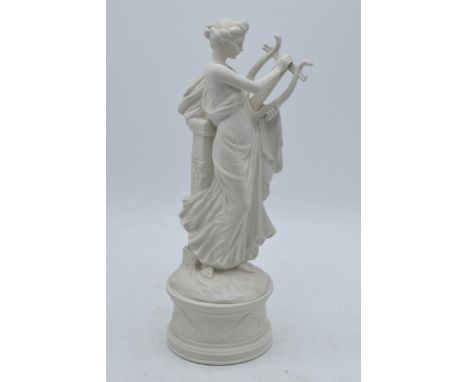 An unusual Coalport figure of a robed lady playing the harp in a Parian / Wedgwood style. 27cm tall. In good condition with n