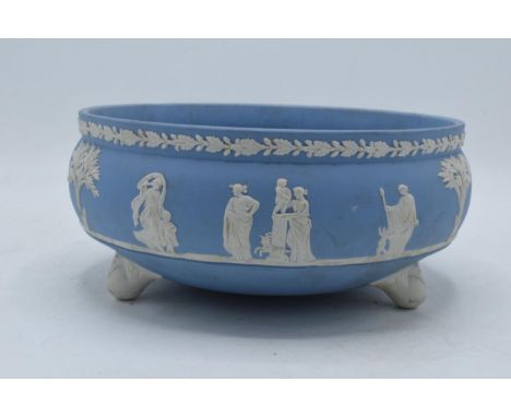 Wedgwood light blue Jasperware footed bowl set on three ornate feet. 22cm diameter. In good condition with no obvious damage 