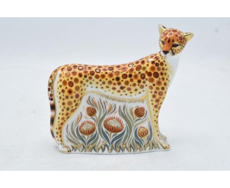 Royal Crown Derby paperweight in the form of a Cheetah. First quality with stopper. In good condition with no obvious damage 