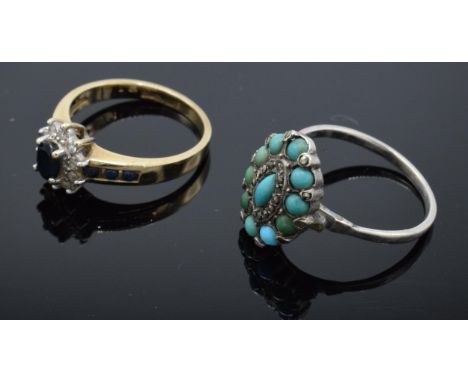 9ct gold ladies dress ring set with diamonds and sapphires 2.9 grams UK size N together with silver ring. 