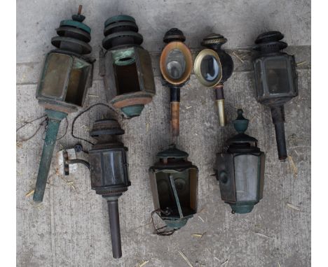A mixed collection of 19th century and later carriage lanterns and similar lighting features with all requiring some varying 