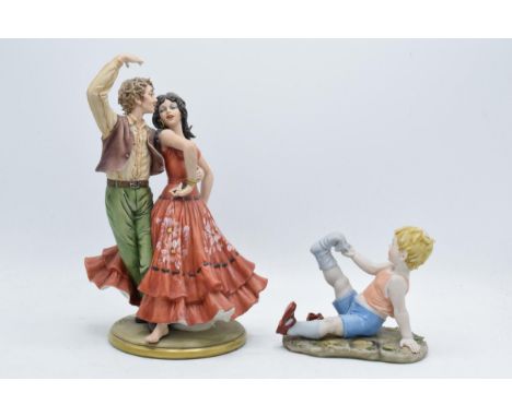 Capo Di Monte Sandro Maggioni figure of Spanish Dancers 1973 together with similar Benacchio boy pulling his socks off 763 (2
