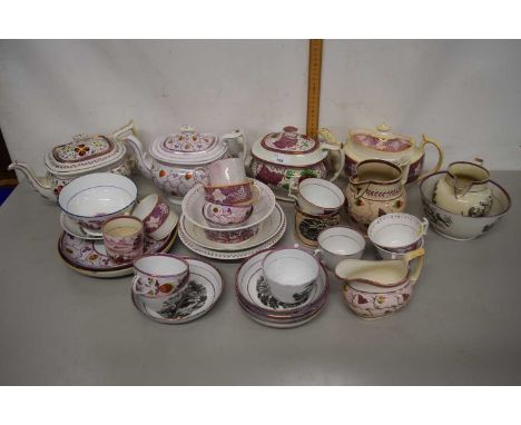 Group lot of 19th Century Staffordshire puce lustre tea wares in a variety of patterns to include four teapots, various, cups
