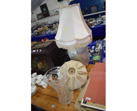 Lustre finish table lamp together with further shade and a large cut glass vase