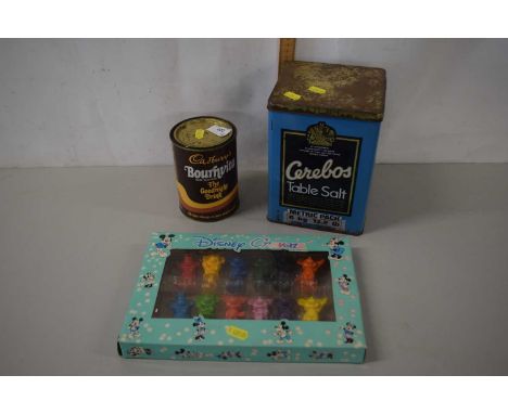 Two vintage tins together with vintage Disney crayons