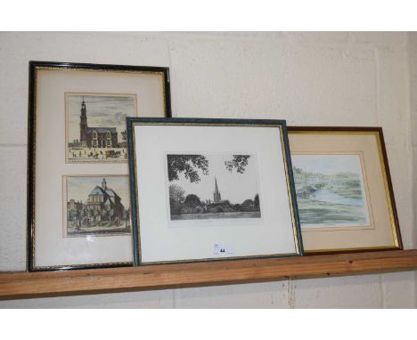 Mixed Lot: Engraving of Norwich Cathedral, further coloured print of Blakeney and a further continental print