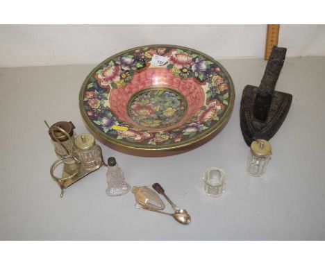 Mixed Lot: A Maling lustre finish bowl together with a flat iron and a cruet