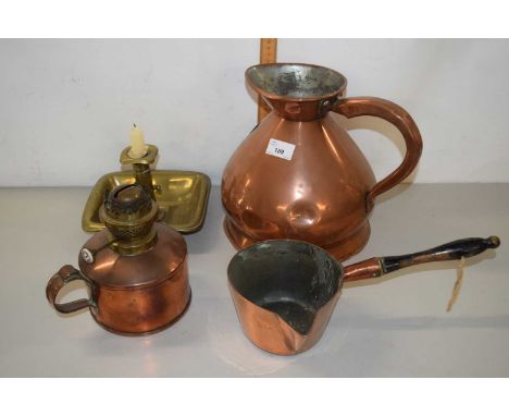 Mixed Lot: Large copper measuring jug, one gallon capacity together with a copper based oil lamp, small saucepan and a brass 